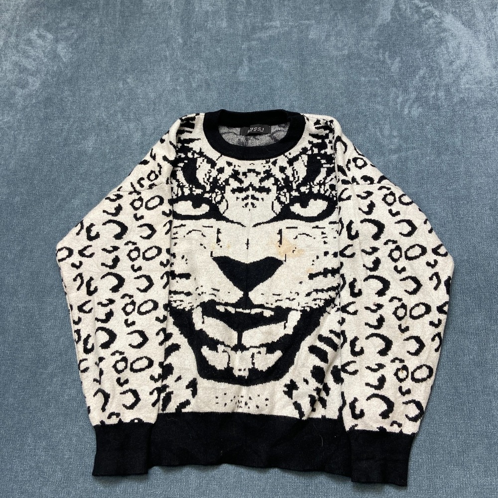 Gucci Sweater Womens Beige Black knit Leopard Print Long Sleeve Pullover Casual